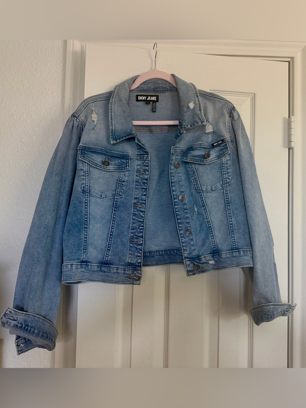 DKNY Jeans Light Blue Cropped Distressed Denim Jacket